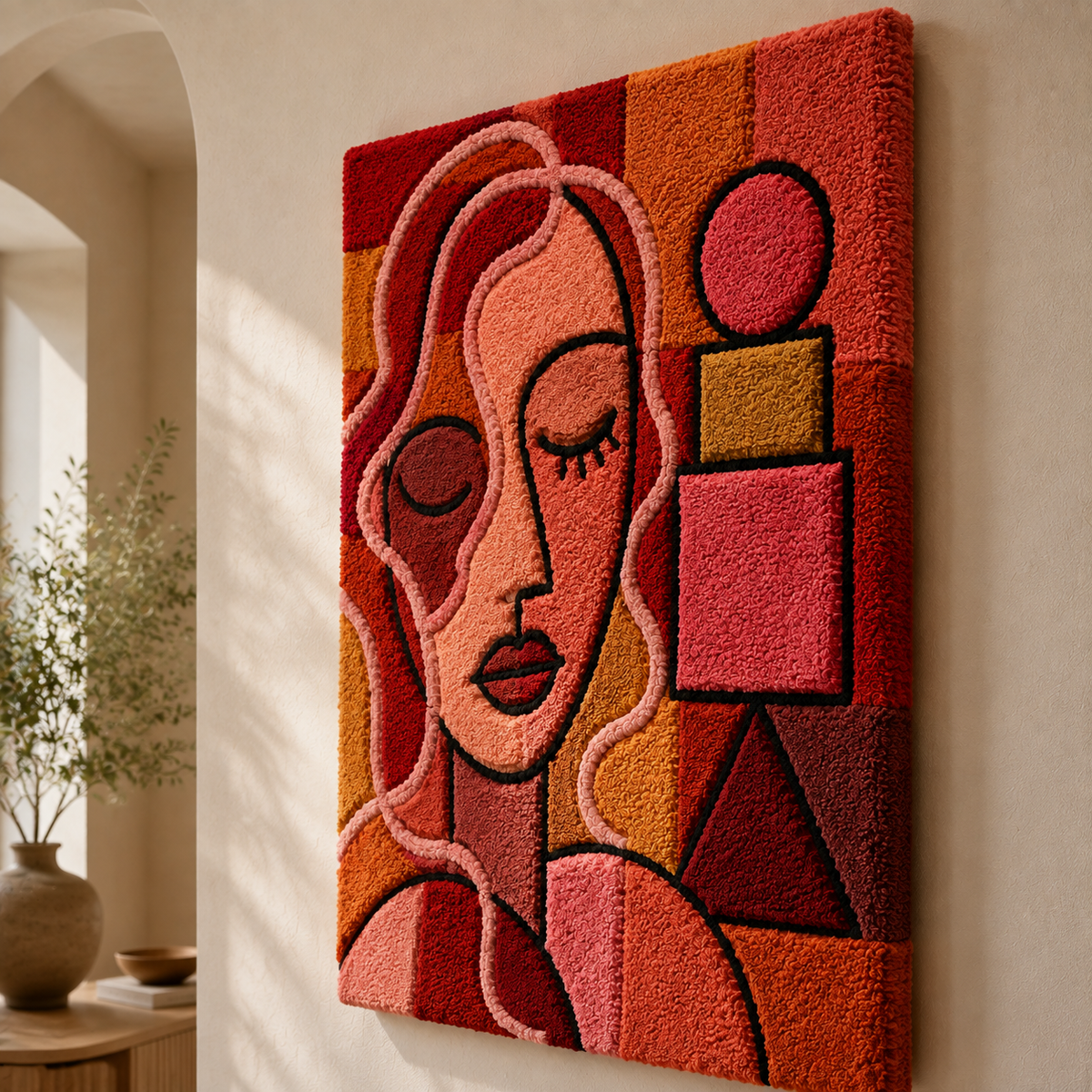 Red cubist woman wall art by Hewn Earth, featuring abstract geometric design of a woman's face in vibrant red tones.