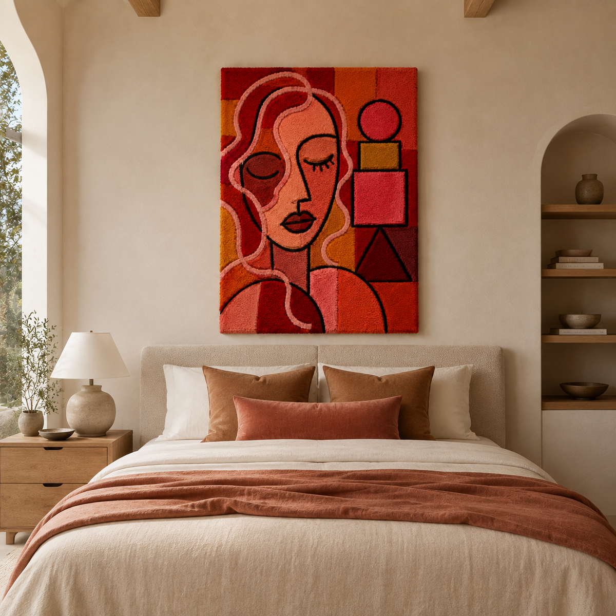 Red Cubist Woman wall art by Hewn Earth, featuring abstract geometric portrait in vibrant red tones.
