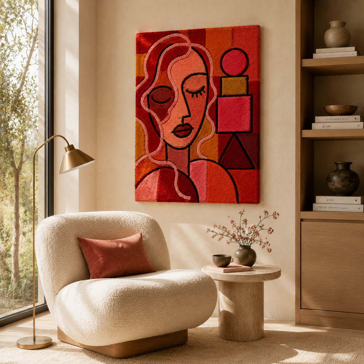 Red Cubist Woman wall art by Hewn Earth, featuring a geometric abstract female figure in vibrant red tones.