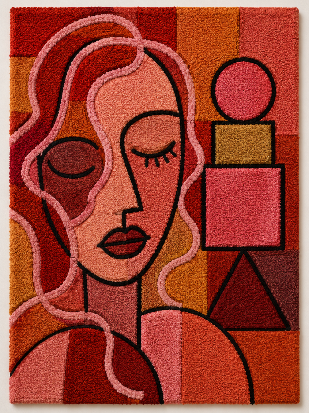 Red Cubist Woman wall art by Hewn Earth, featuring abstract geometric shapes representing a woman in vibrant red tones.
