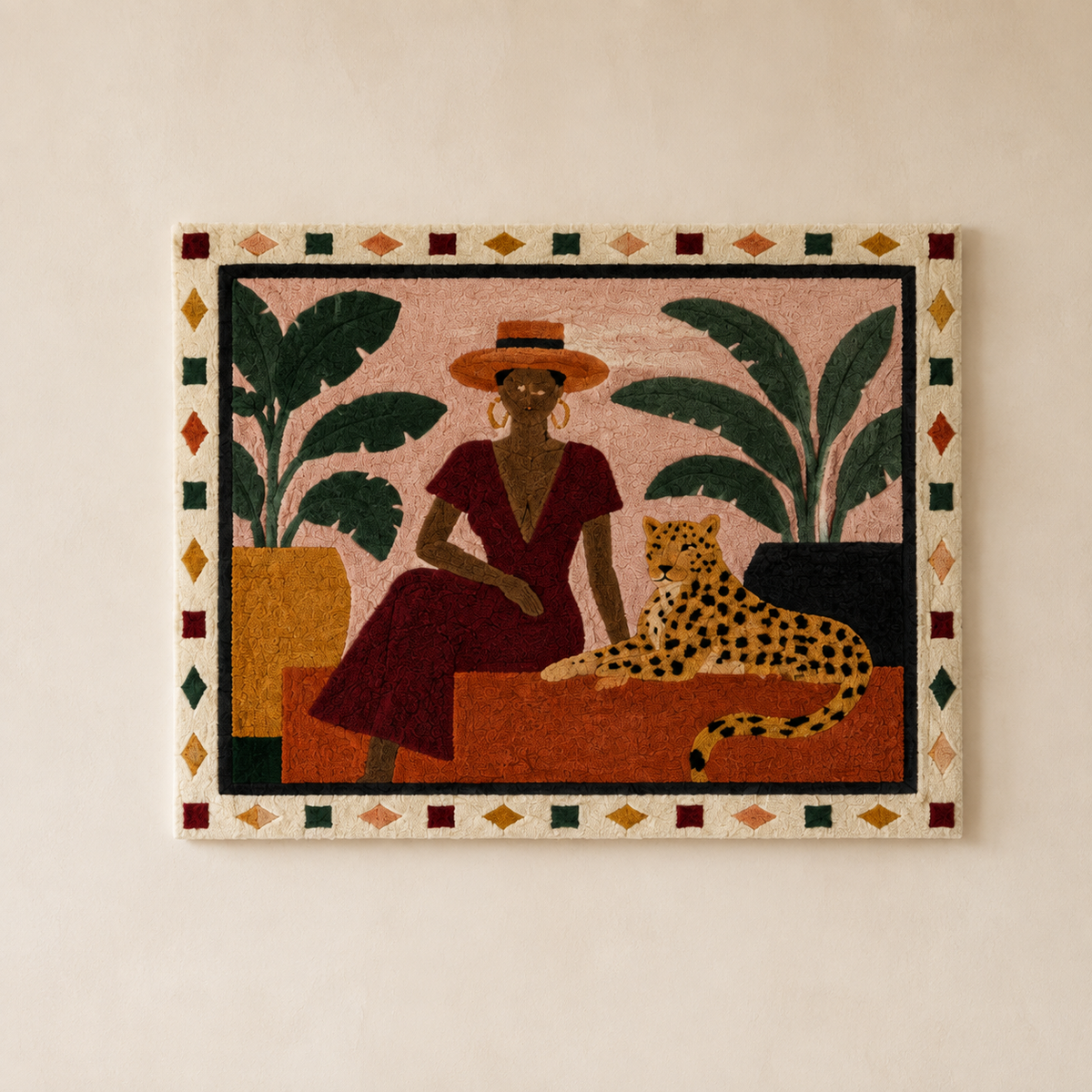 Woman in red dress wall art by Hewn Earth showing a stylish woman in a vibrant red dress on a neutral background.