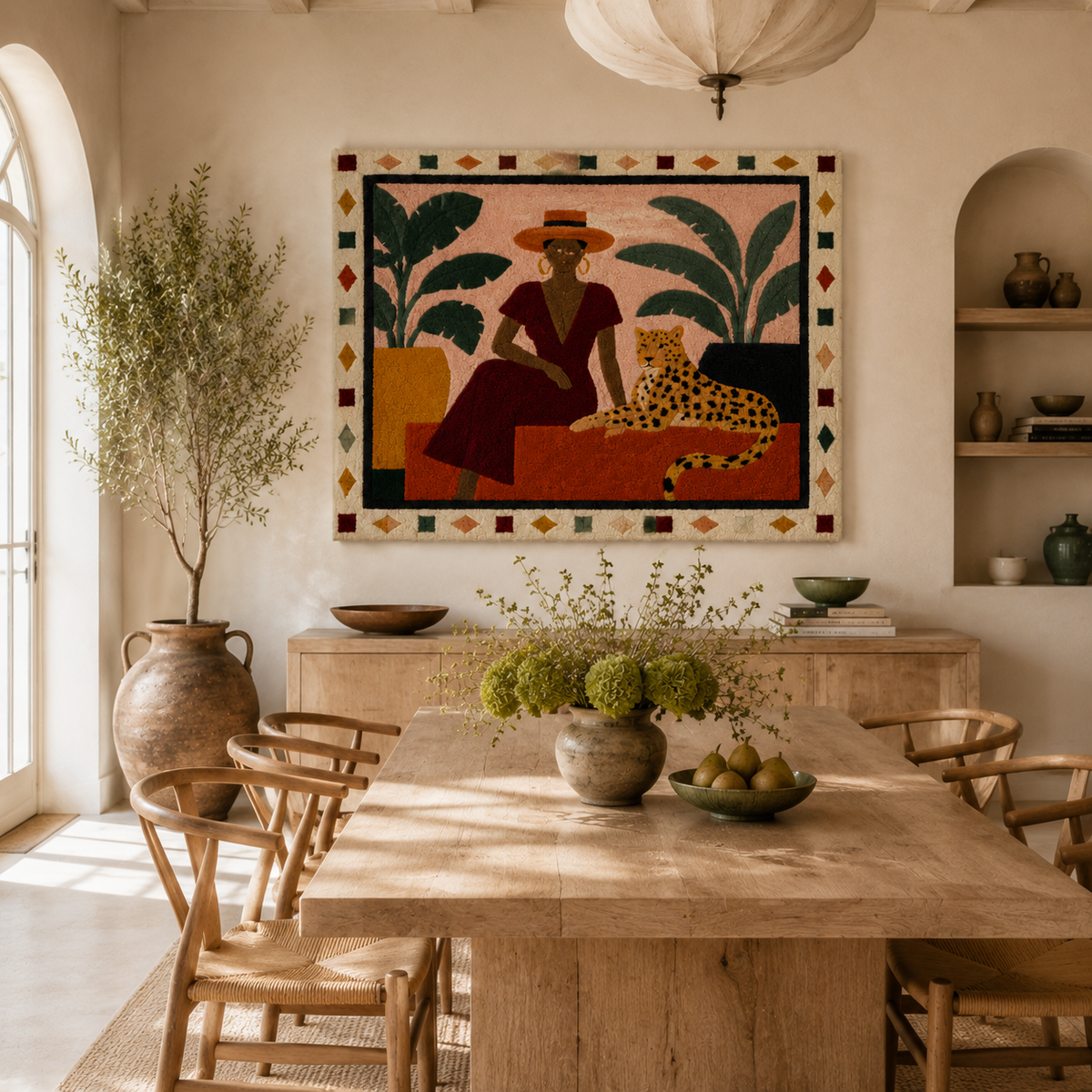 Woman in red dress wall art by Hewn Earth featuring a stylish woman in a vibrant red dress, modern wall decor for home.