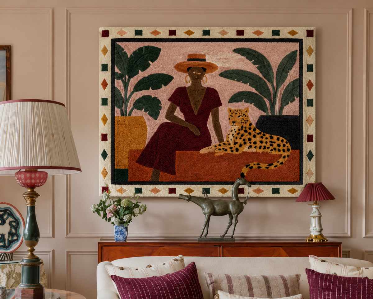 Woman in red dress wall art by Hewn Earth featuring a stylish woman in a vibrant red dress, modern wall decor for interior decoration.