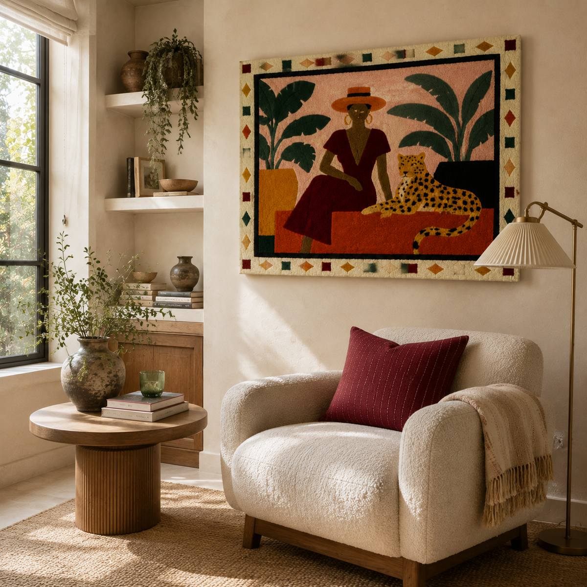 Woman in red dress wall art by Hewn Earth, featuring vibrant red dress and artistic design in a modern wall decor piece.