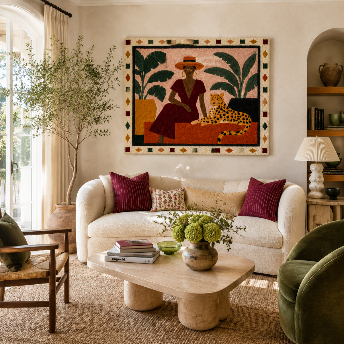 Woman in red dress wall art by Hewn Earth, vibrant illustration of a woman in a red dress displayed as wall decor.
