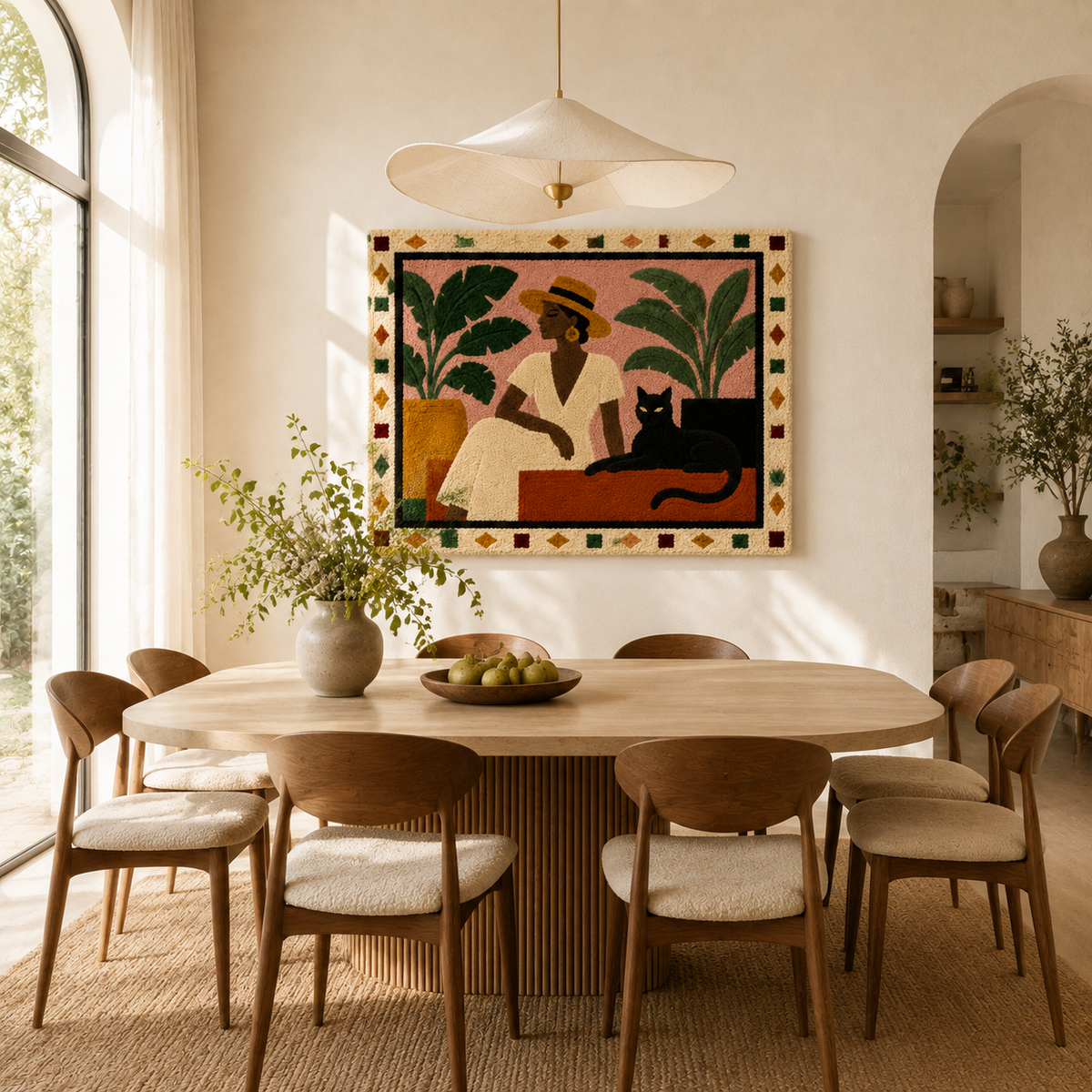 Wall art featuring a woman in a cream dress, designed by Hewn Earth, showcasing elegant and artistic wall decor.
