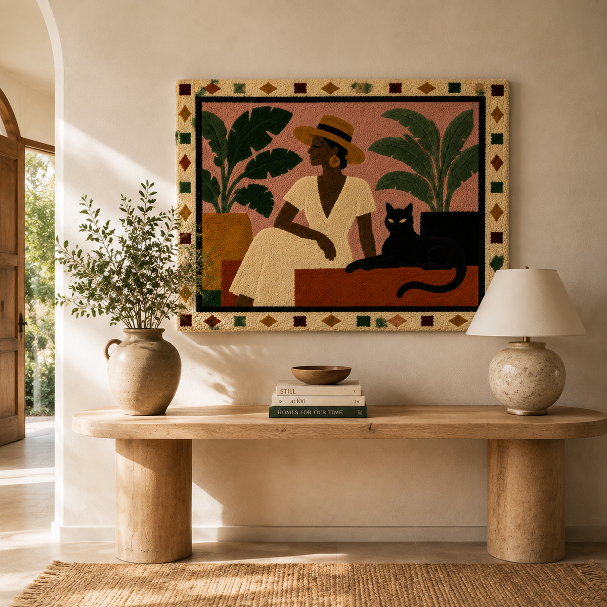 Woman in cream dress wall art by Hewn Earth, featuring a serene woman in a flowing cream dress, modern wall decor piece