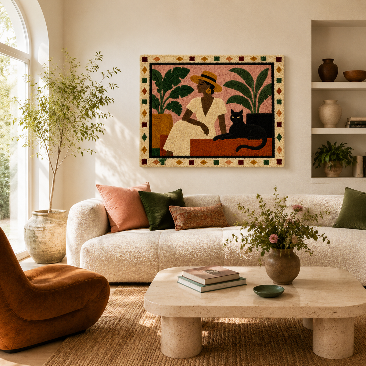 Woman in cream dress wall art by Hewn Earth, featuring a serene figure in a flowing cream dress, modern decorative wall decor.