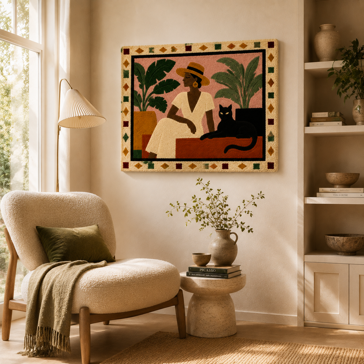 Wall art featuring a woman in a cream dress, designed by Hewn Earth, showcasing elegant, minimalistic decor for living spaces.