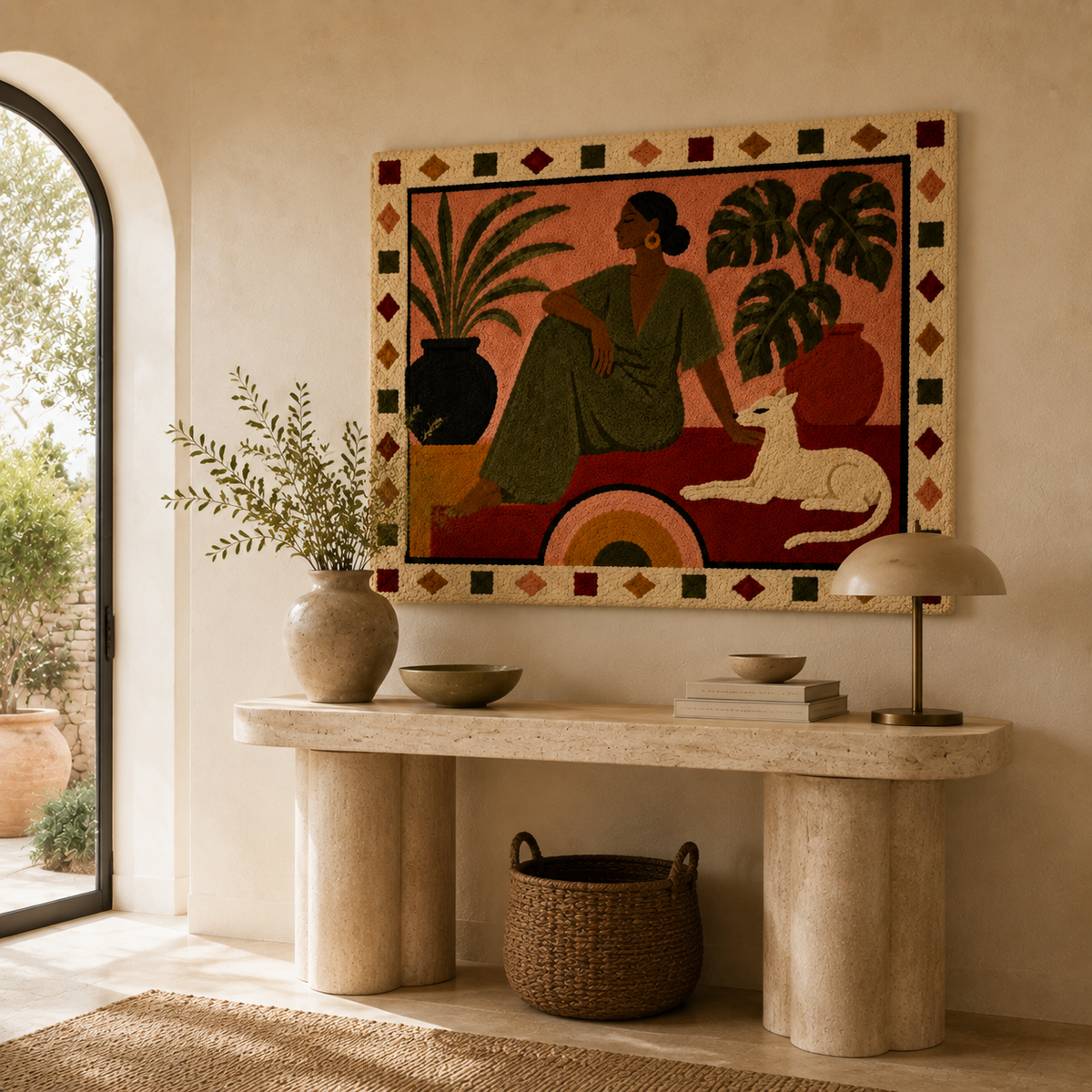 Woman with Whippet wall art by Hewn Earth, featuring a woman and her slender dog in a stylish, artistic display.