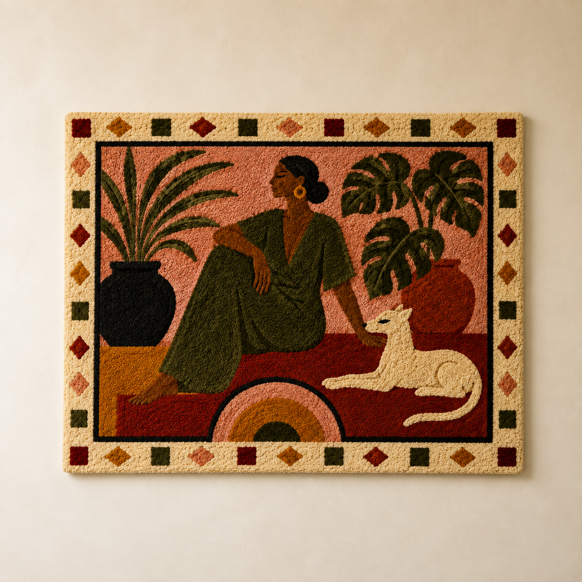 Woman with Whippet wall art by Hewn Earth, featuring a woman and her dog in a stylish, framed wall decor scene.