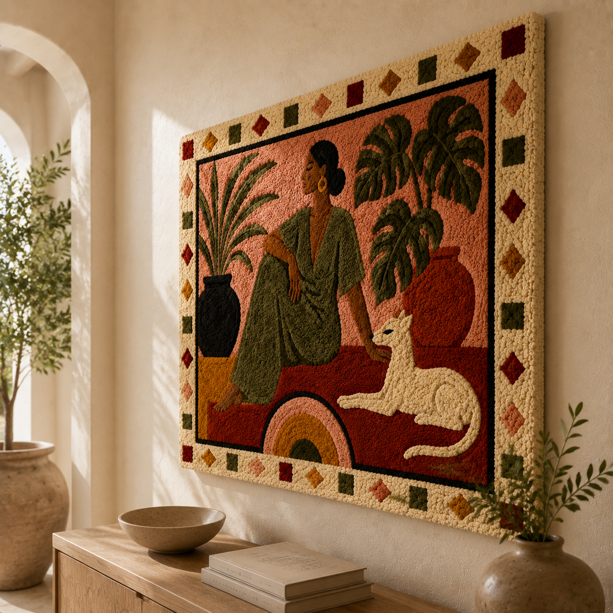 Woman with whippet wall art by Hewn Earth, featuring a woman and a sleek grey whippet dog in a stylish indoor setting.