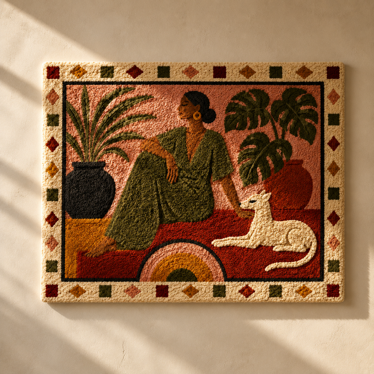 Woman with Whippet wall art by Hewn Earth, featuring a serene woman and her sleek whippet dog in a stylish indoor setting.