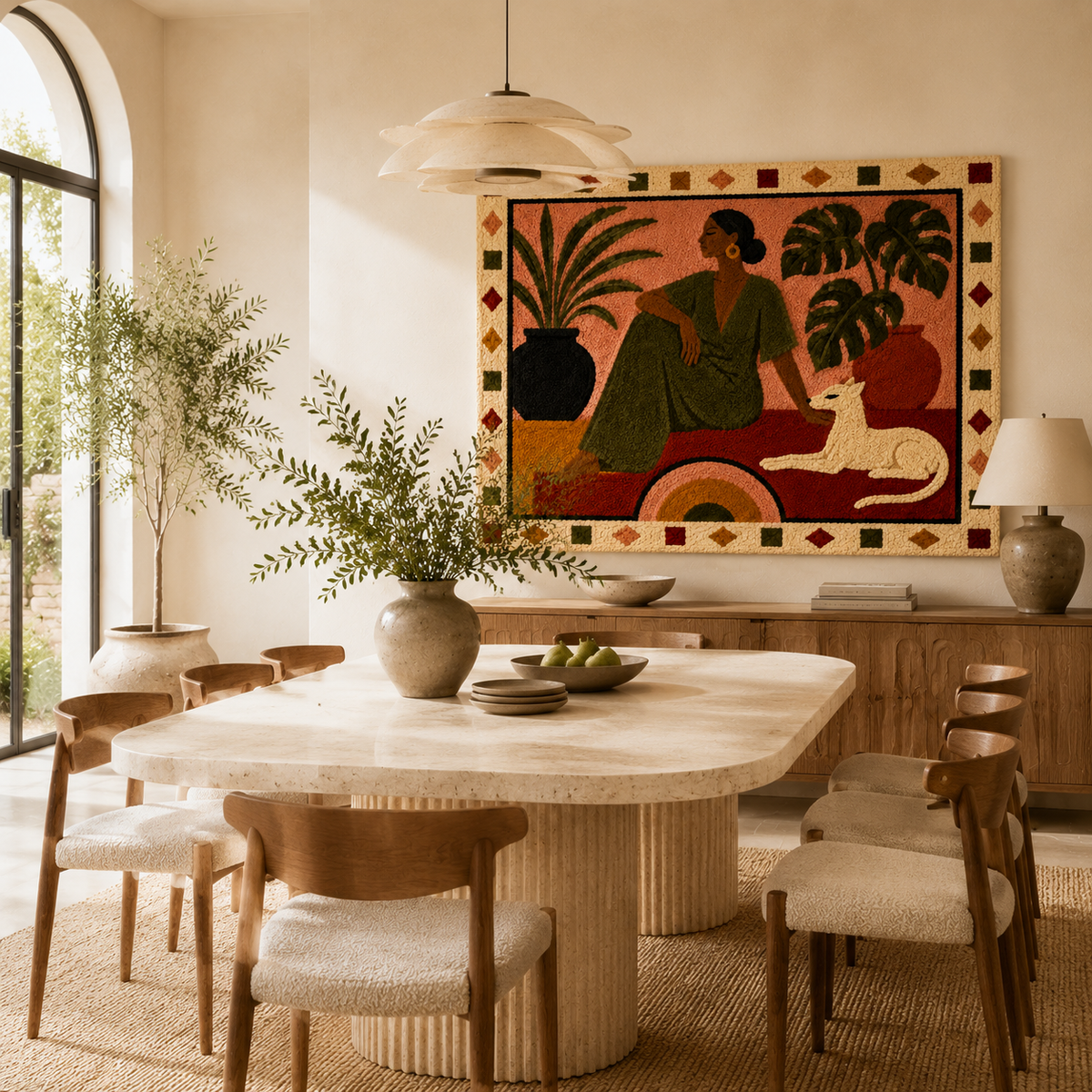 Woman with a whippet wall art by Hewn Earth, featuring a woman and her dog in a stylish, outdoor scene.