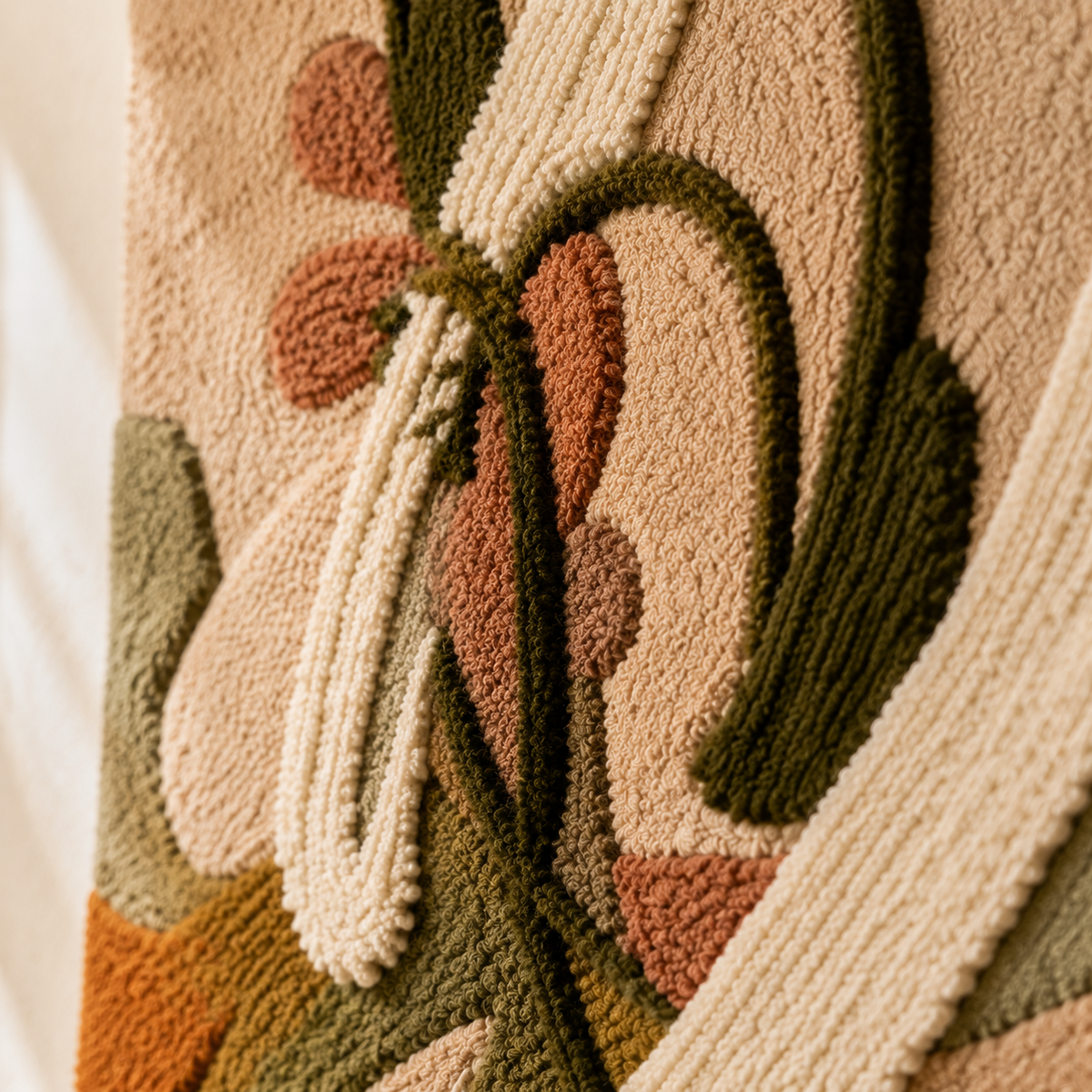 Hewn Earth Olive Bloom Ribbons wall art featuring intertwined ribbon designs in soft, natural tones for elegant home decor.