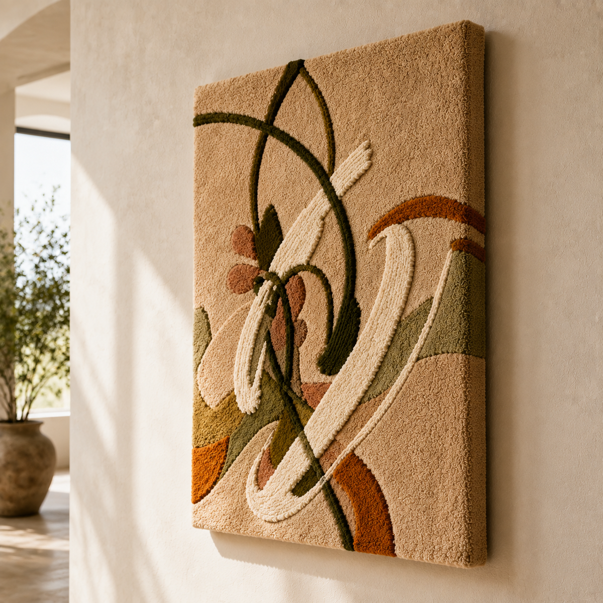 Hewn Earth Olive Bloom Ribbons wall art featuring abstract olive green and cream ribbon patterns on a textured background.