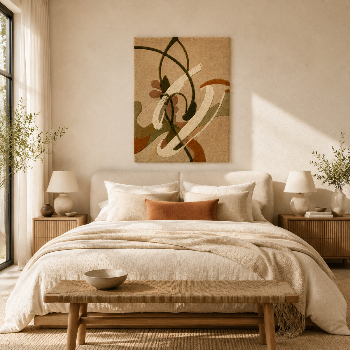 Hewn Earth Olive Bloom Ribbons wall art featuring colorful abstract ribbon design on textured background.