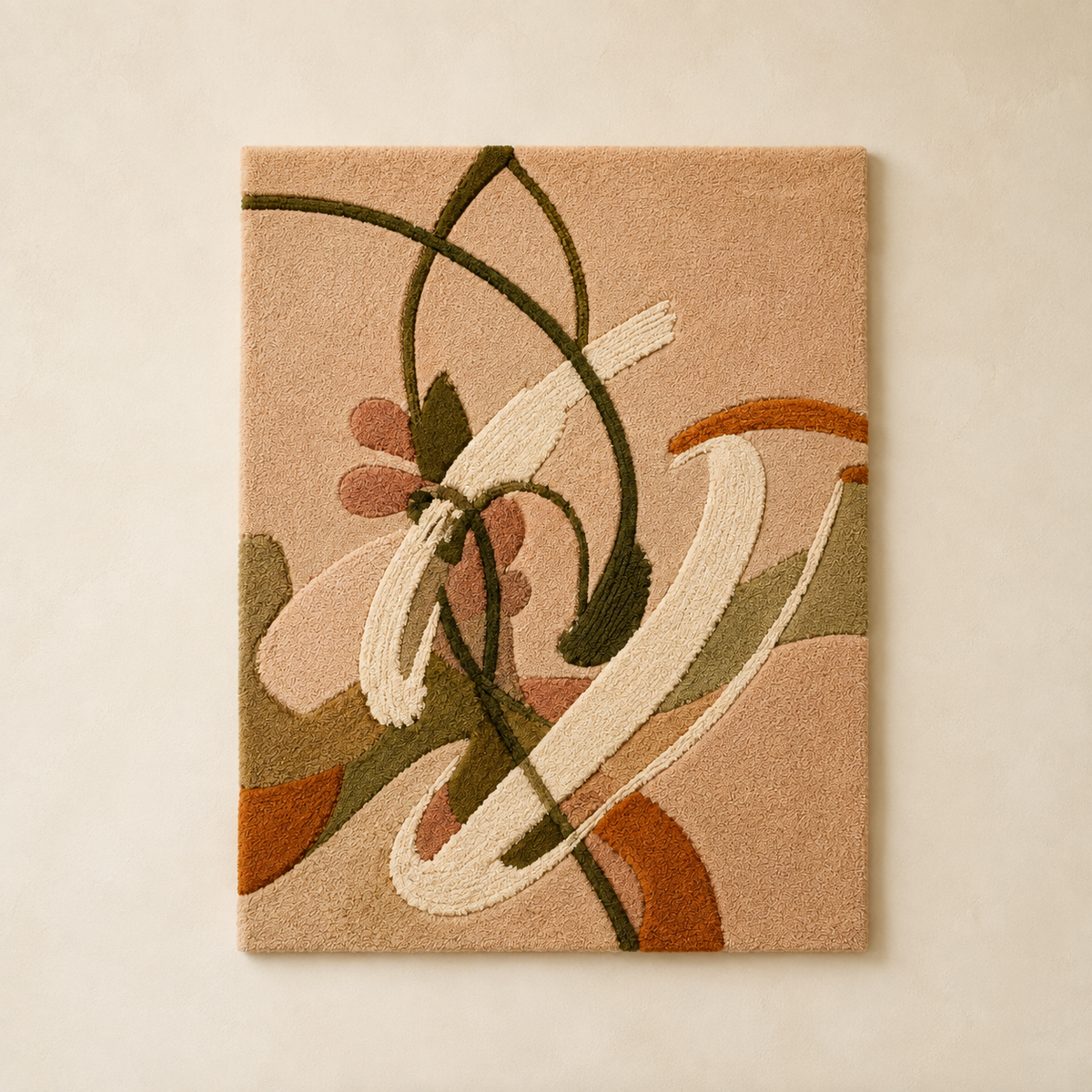 Hewn Earth Olive Bloom Ribbons wall art featuring abstract olive green and beige ribbon patterns on a neutral background.