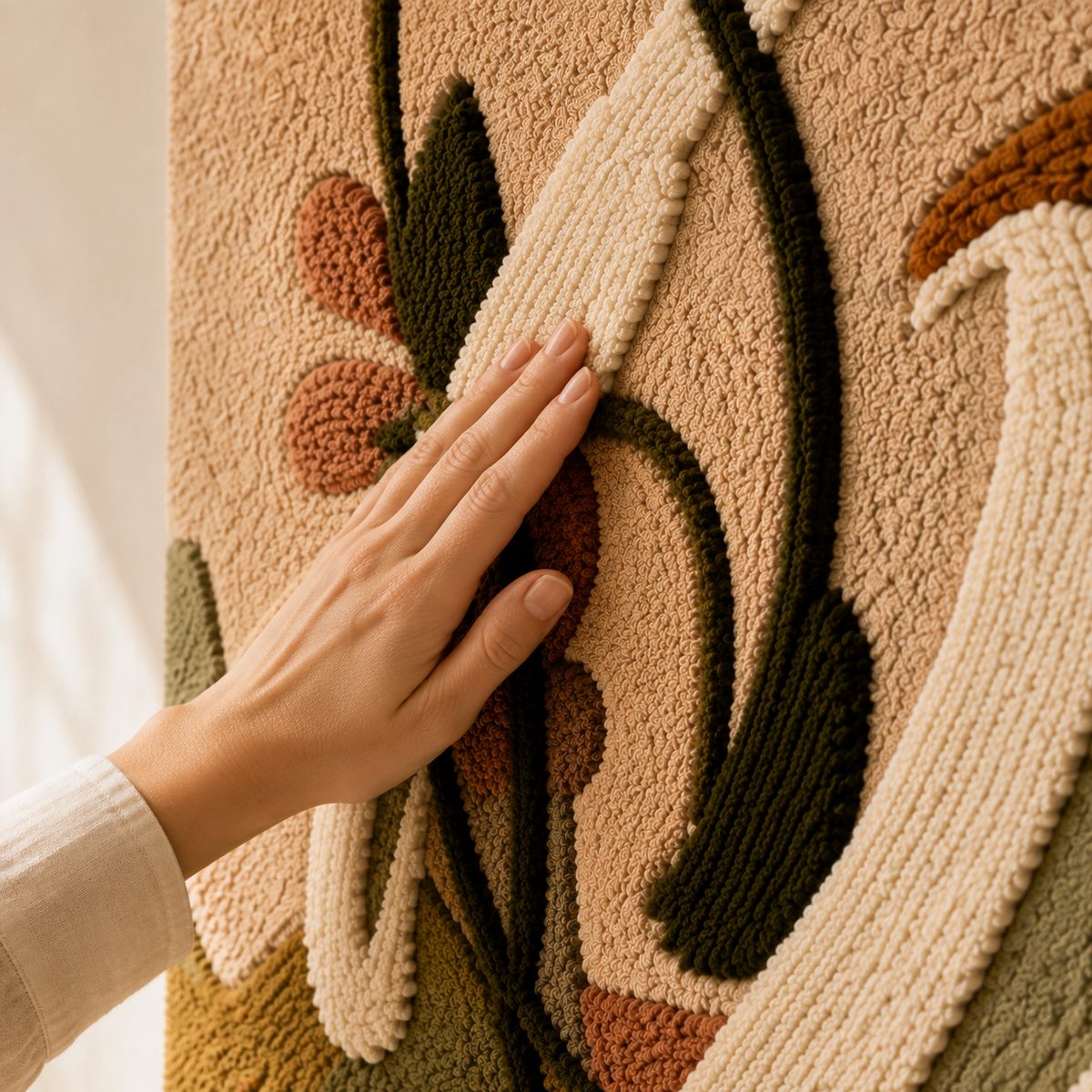 Hewn Earth Olive Bloom Ribbons wall art featuring abstract olive green and cream ribbon patterns on a textured background.
