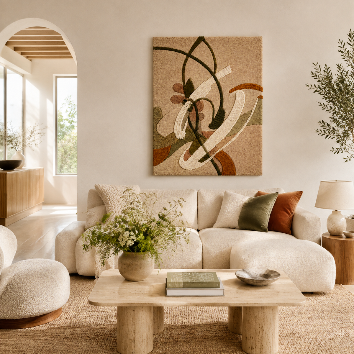 Hewn Earth Olive Bloom Ribbons wall art featuring abstract olive green and beige ribbon patterns on a neutral background.