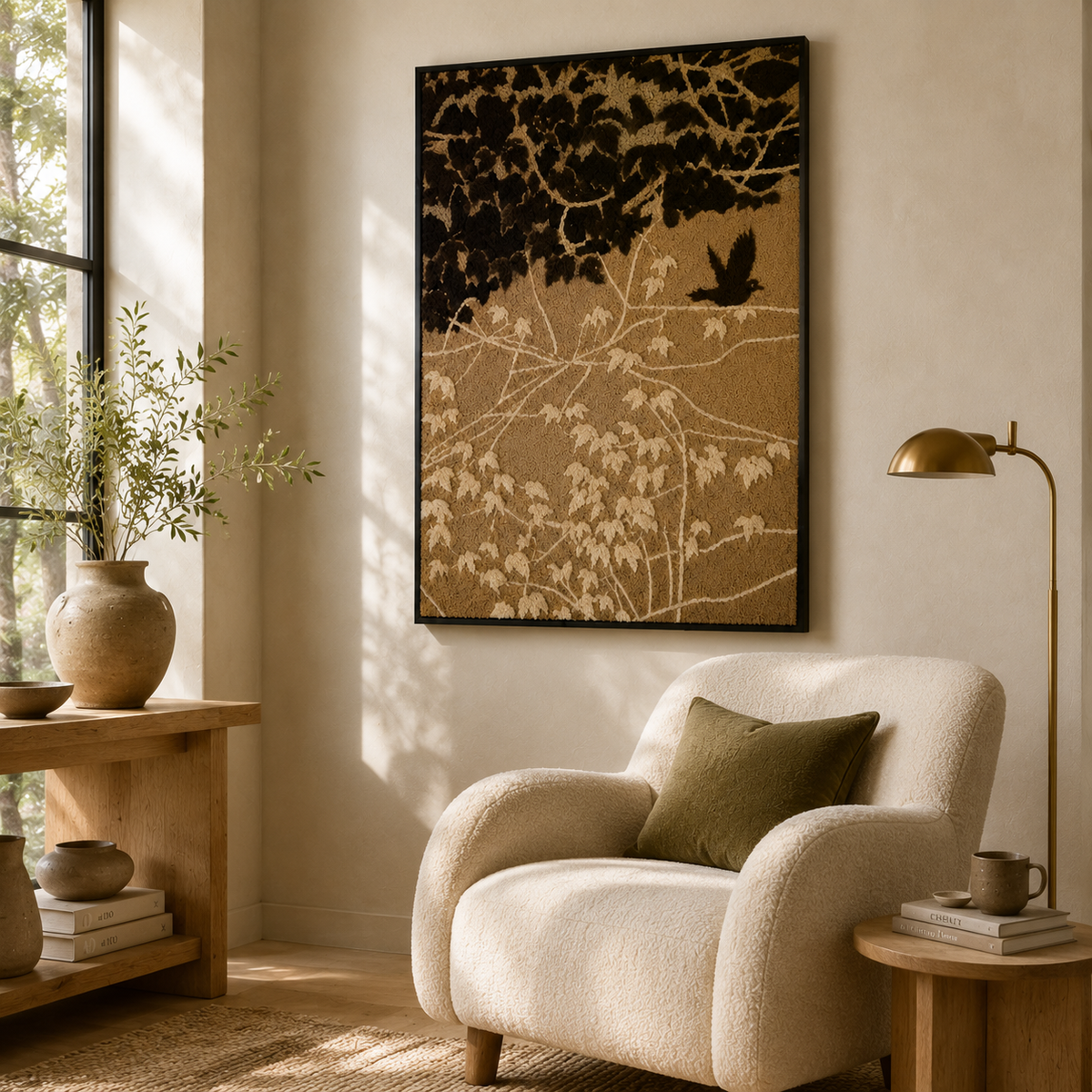 Hewn Earth Ivy & Bird HE-0233 wall art featuring botanical illustration of ivy leaves and a small bird on a neutral background