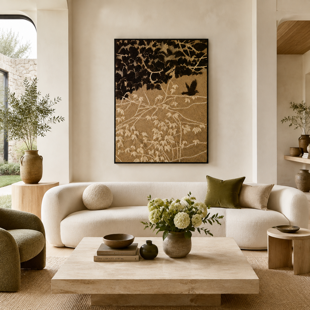 Hewn Earth Ivy & Bird wall art, decorative print with botanical and avian design in neutral tones, suitable for home decor.