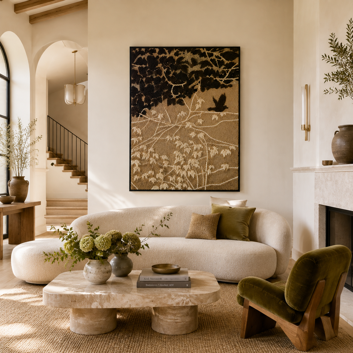 Hewn Earth Ivy & Bird HE-0233 wall art featuring botanical illustration of ivy leaves and a bird on a neutral background.
