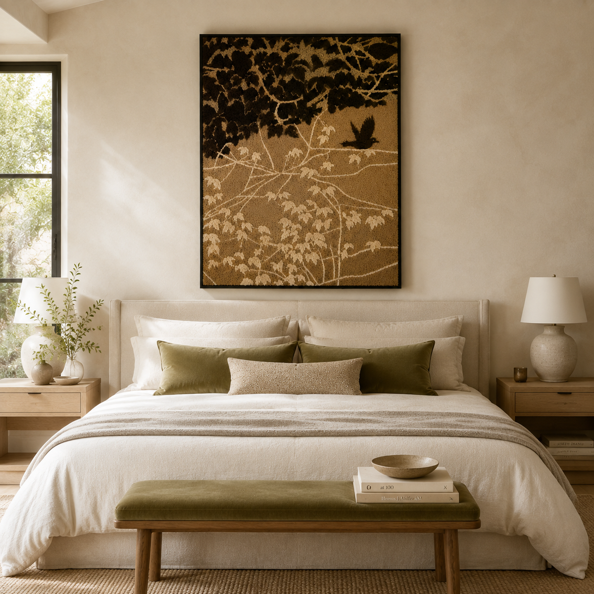 Hewn Earth Ivy & Bird HE-0233 wall art features botanical and bird illustrations on a neutral background.