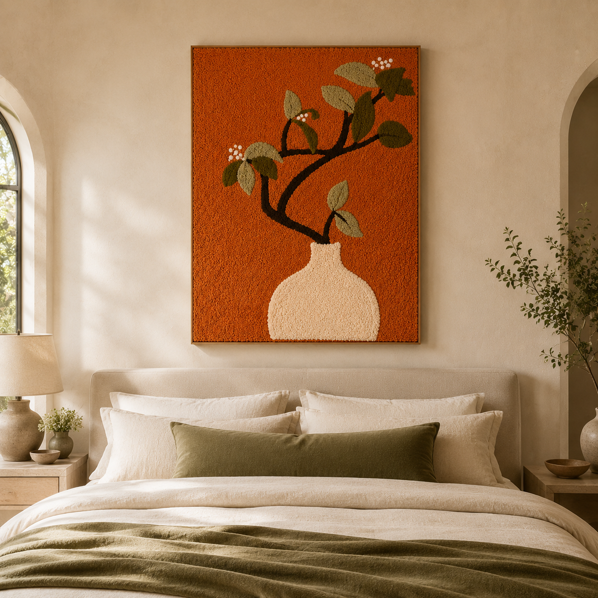 Cream-colored wall art featuring a vase with boughs, from Hewn Earth's Cream Vase Bough collection, wall decor with natural botanical design.