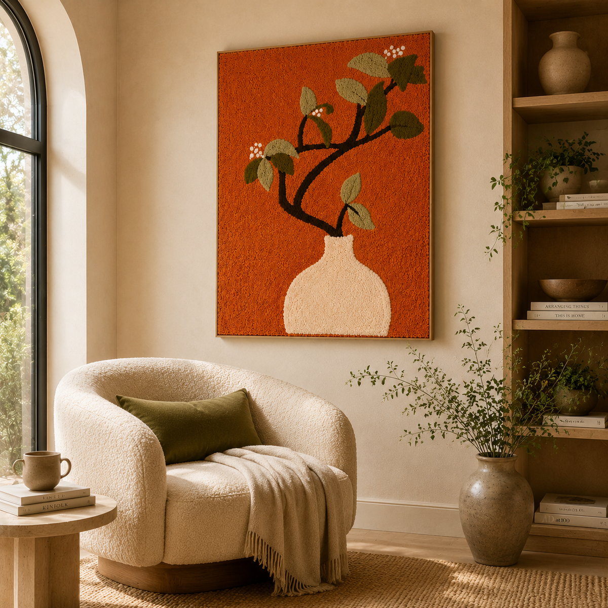 Cream-colored wall art vase with bough design from Hewn Earth, showcasing a textured ceramic piece for home decor.