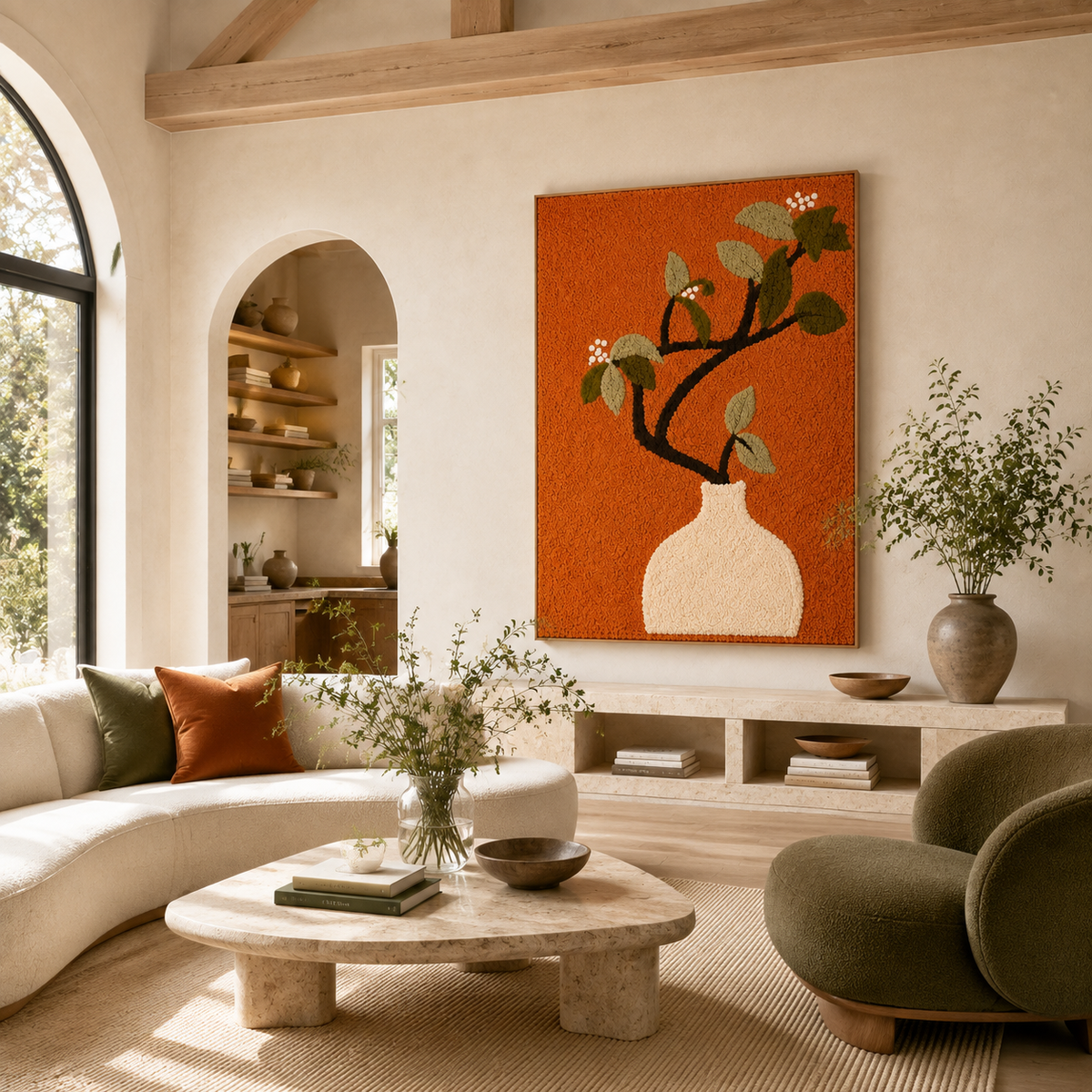 Cream-colored wall art vase with bough design by Hewn Earth, featuring a textured ceramic appearance.