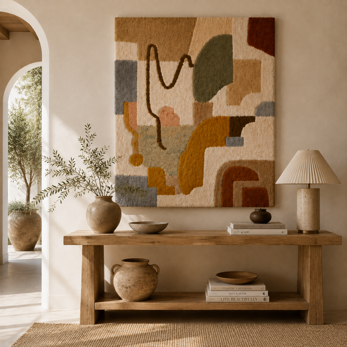 Hewn Earth Adobe Cipher HE-0235 wall art featuring intricate geometric patterns on a textured background.
