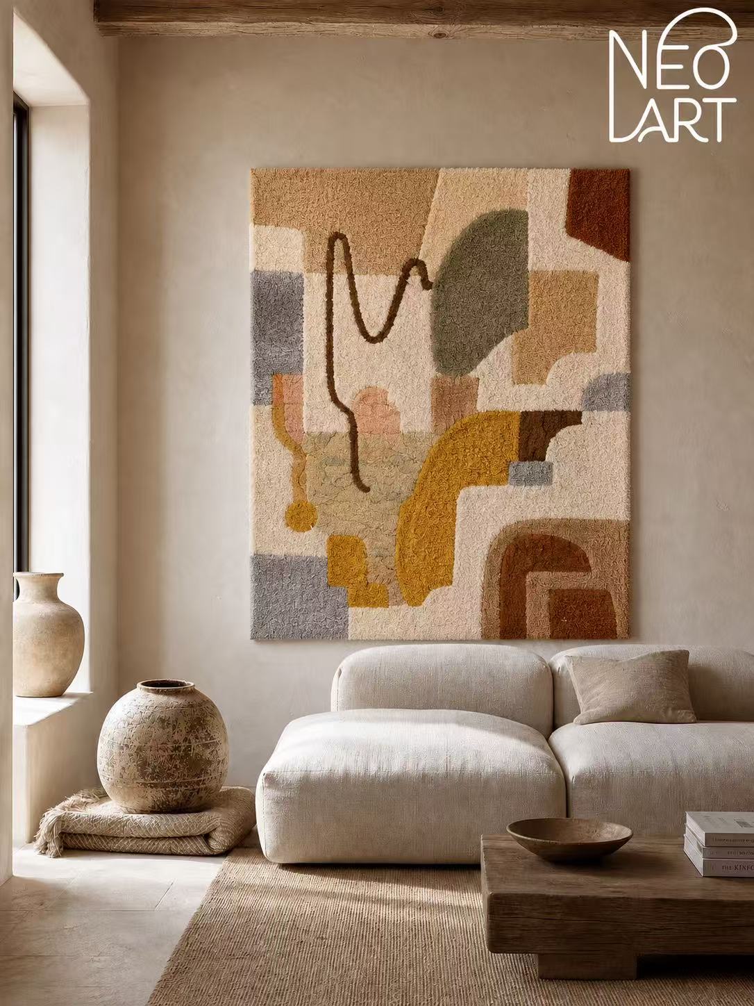 Hewn Earth Adobe Cipher HE-0235 wall art featuring a geometric, abstract design on a neutral background.