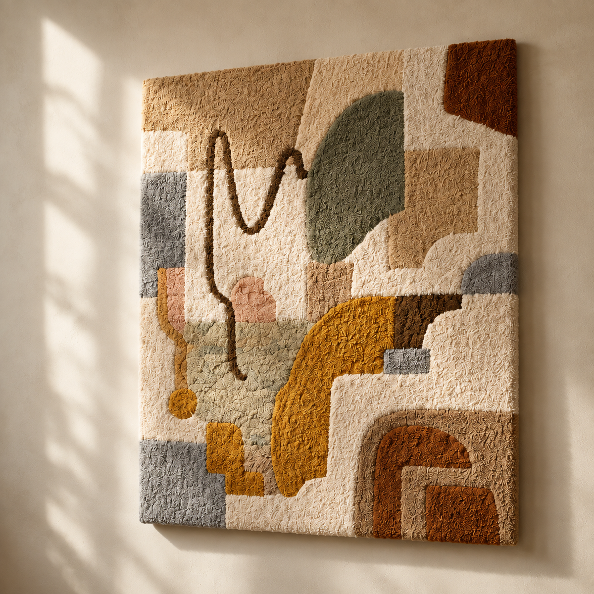 Hewn Earth Adobe Cipher wall art featuring geometric patterns in neutral tones, suitable for modern interior decor.