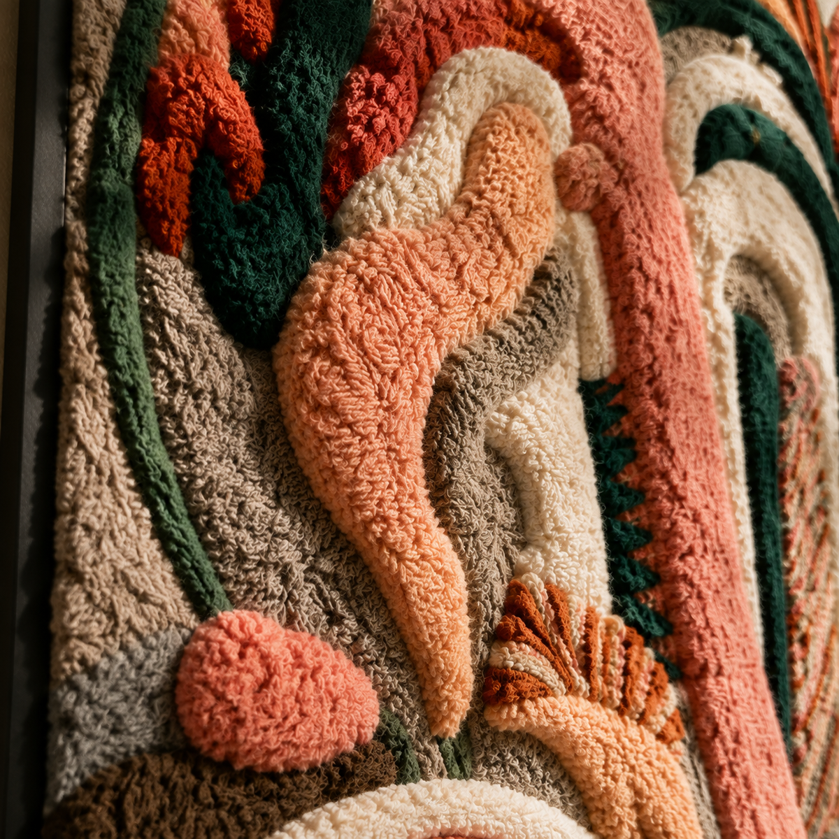Hewn Earth Coral Archways wall art featuring vibrant coral-colored abstract arch designs on a textured background.