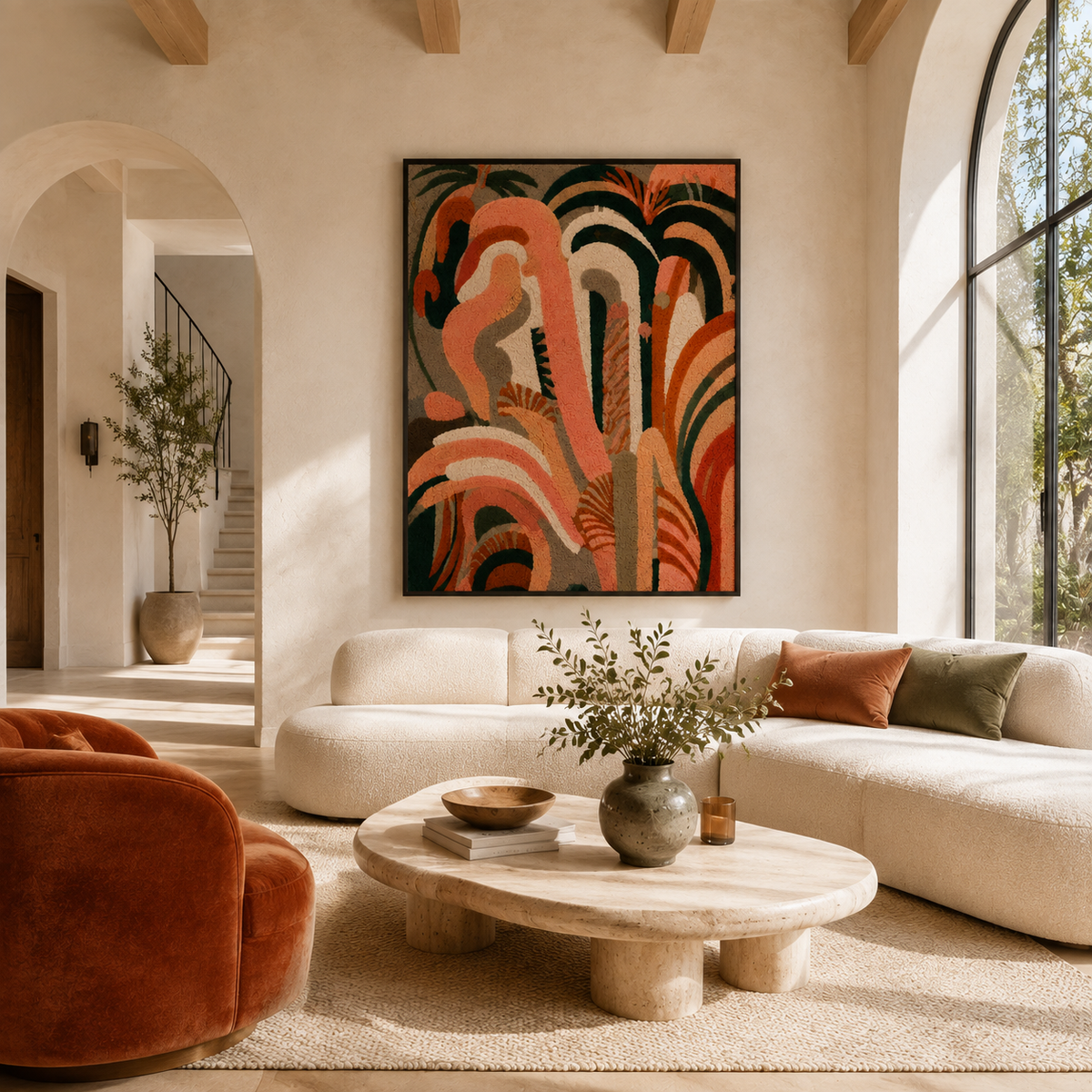Hewn Earth Coral Archways wall art featuring vibrant coral-colored abstract arch designs on a neutral background.