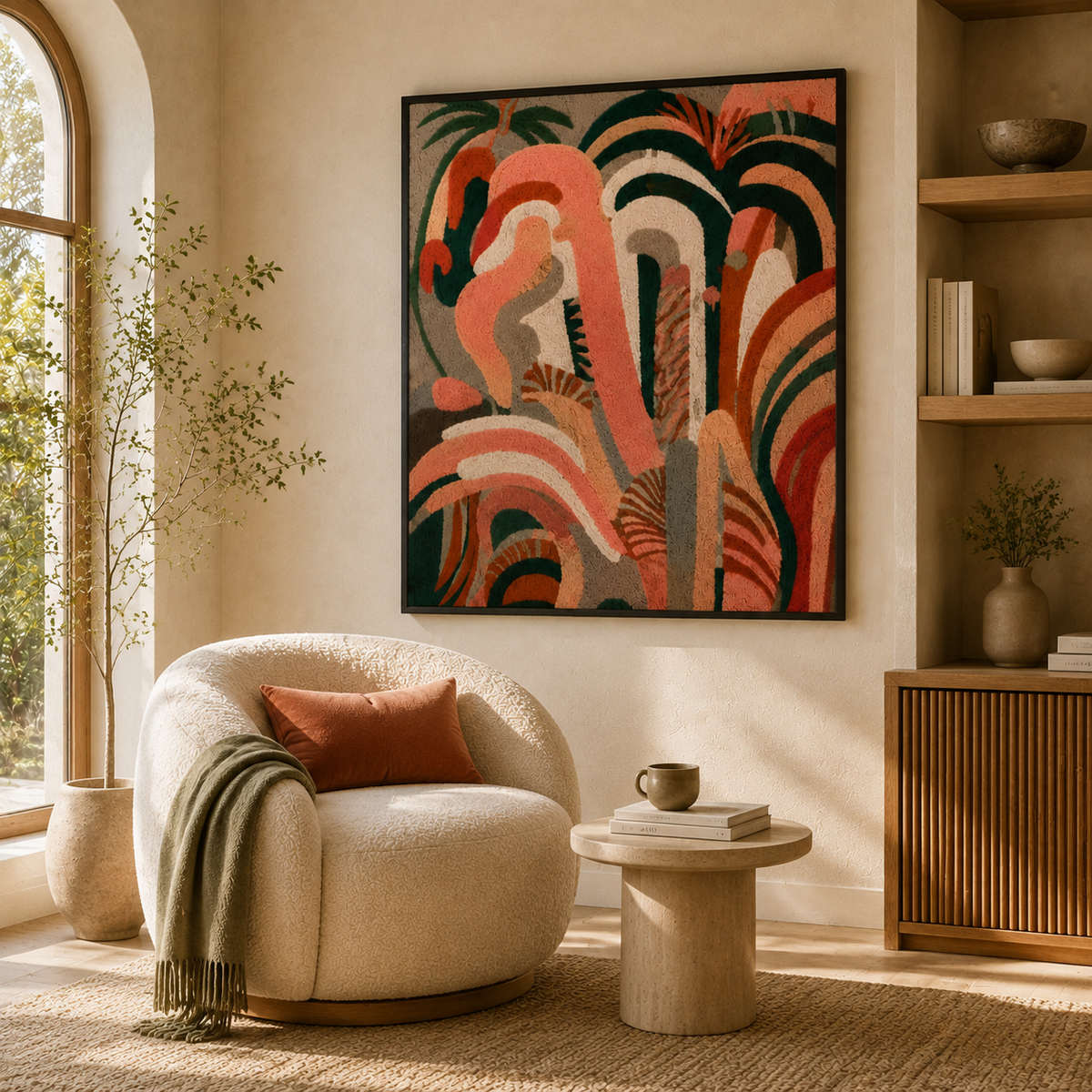 Hewn Earth Coral Archways wall art, abstract coral-colored design on a textured background, modern decorative piece.