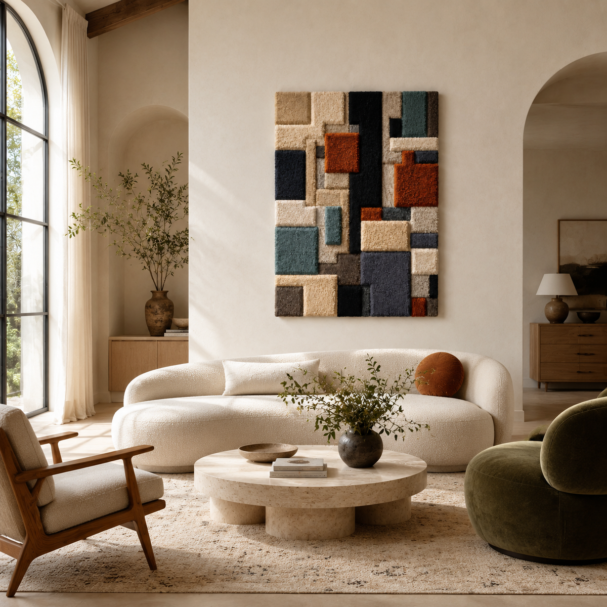 Hewn Earth City Blocks wall art piece featuring geometric cityscape design in earthy tones on a white background.