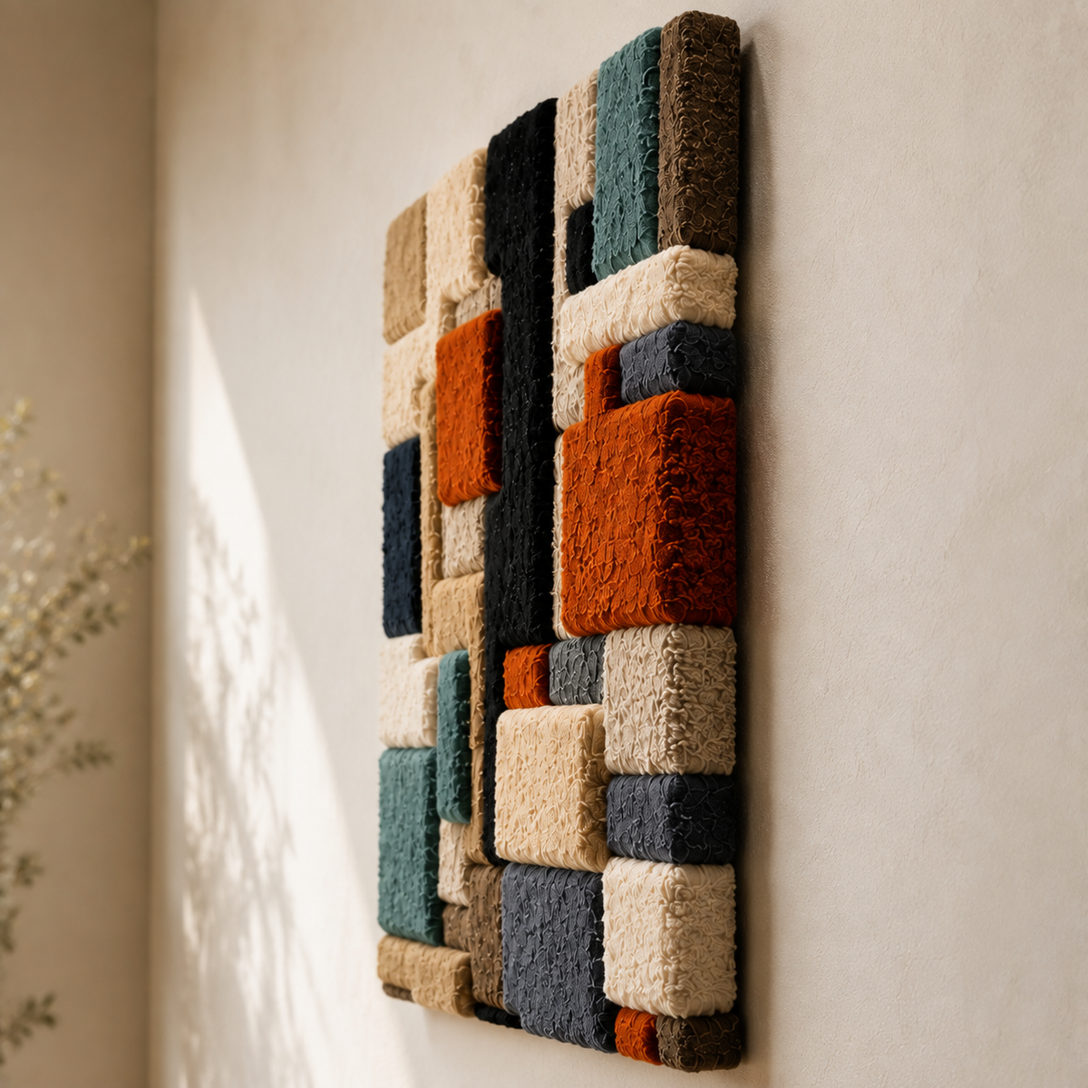 Hewn Earth City Blocks wall art, HE-0237 design, featuring geometric cityscape in neutral tones, suitable for modern interior decor.