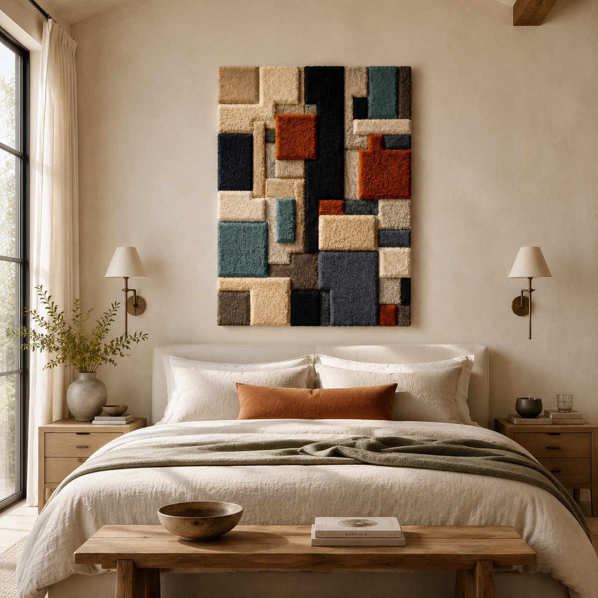 Hewn Earth City Blocks wall art featuring geometric cityscape design in neutral tones on a white background.