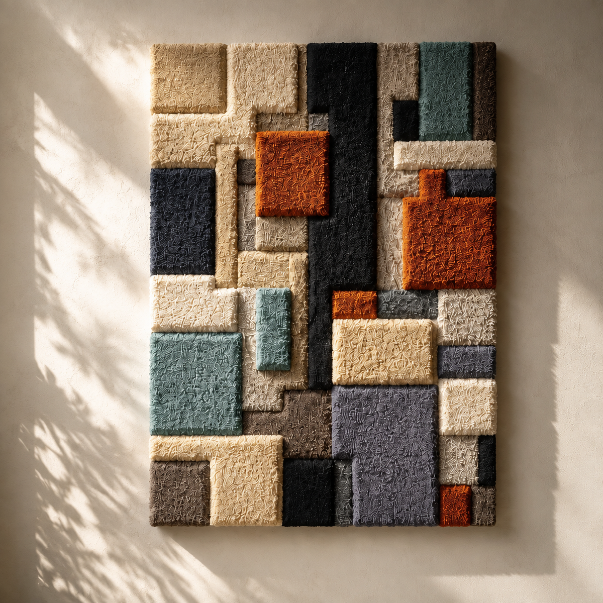 Hewn Earth City Blocks wall art featuring geometric cityscape design in neutral tones, suitable for modern interior decor.