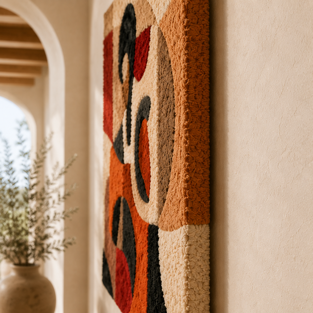 Terracotta wall art with glyph designs from Hewn Earth, featuring textured geometric patterns for modern home decor.