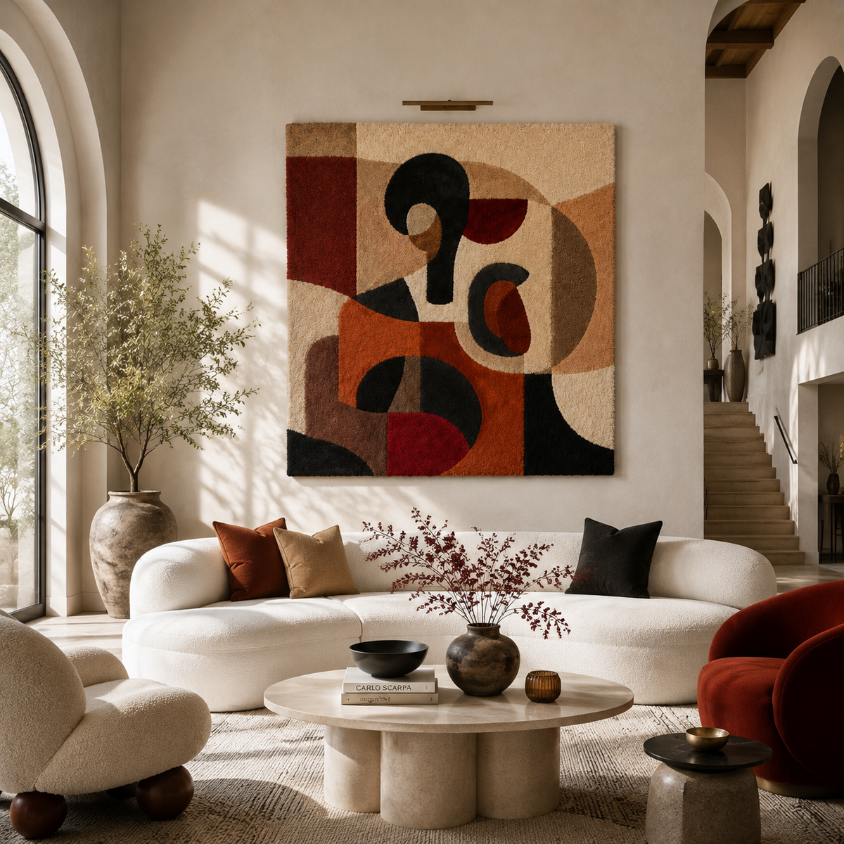 Hewn Earth Terracotta Glyphs wall art featuring textured geometric clay designs on a neutral background.