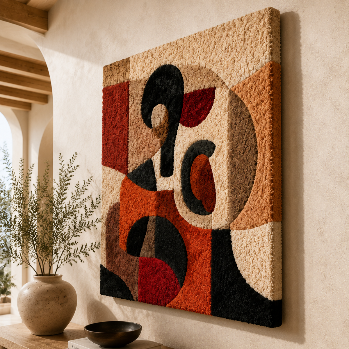 Hewn Earth Terracotta Glyphs wall art featuring textured geometric designs on a neutral background.