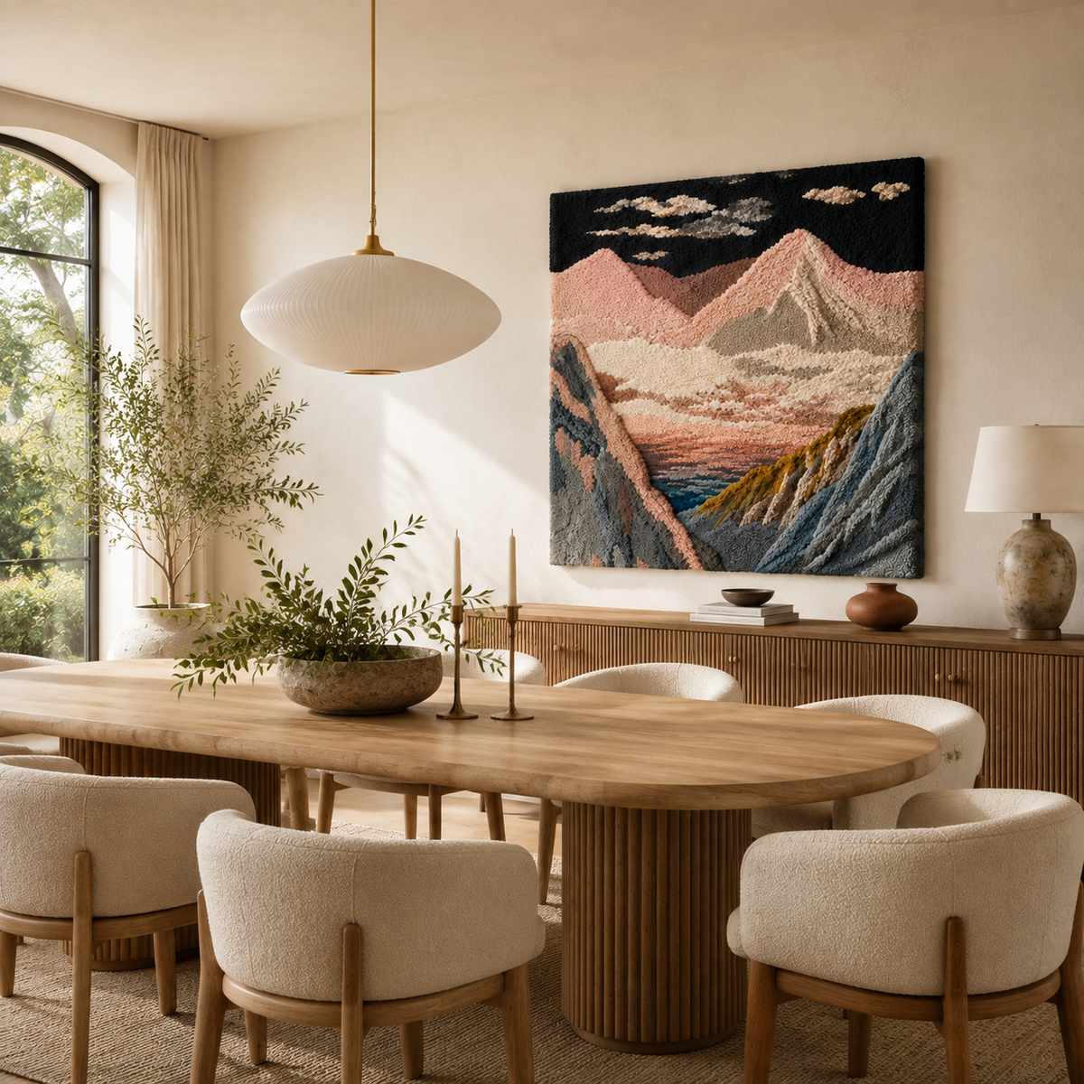 Hewn Earth Alpine Tapestry wall art featuring mountain landscape with earthy tones, suitable for home or office decor.