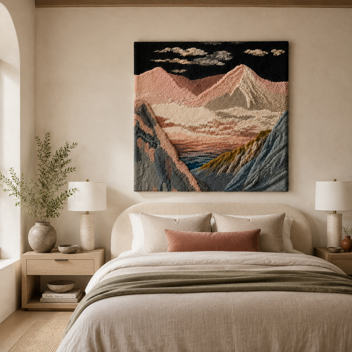 Hewn Earth Alpine tapestry wall art with mountain and forest design, vibrant colors, and detailed natural landscape artwork.