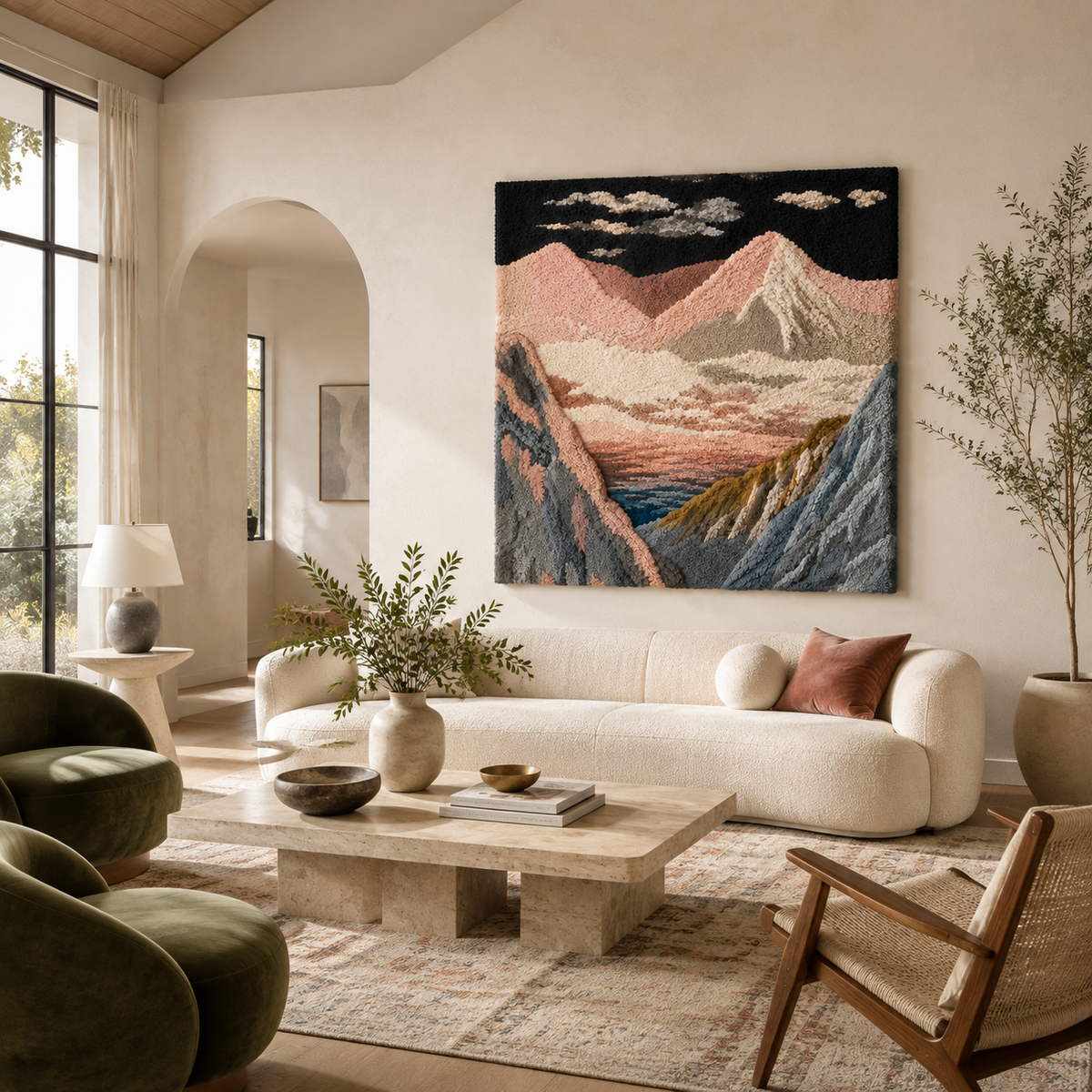 Colorful Alpine tapestry wall art by Hewn Earth featuring mountain landscape design, decorative textile for home decor.