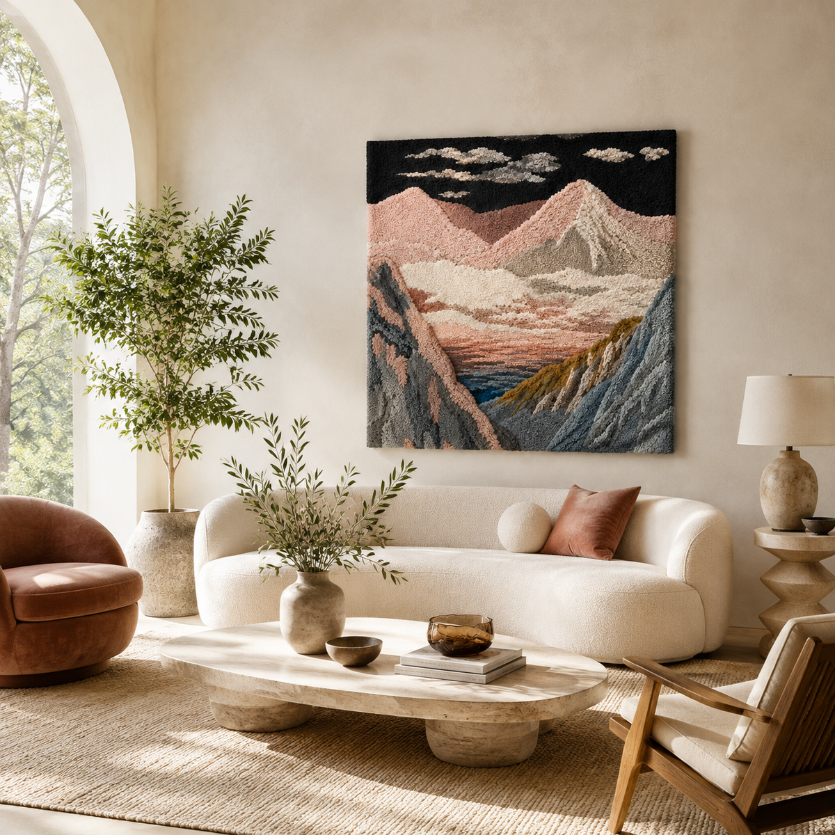 Hewn Earth Alpine Tapestry wall art featuring mountain landscape with vibrant colors and intricate design.