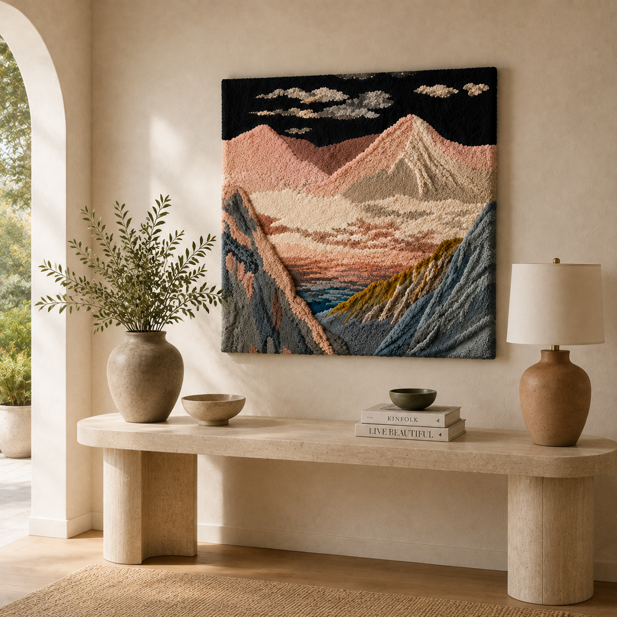 Colorful Alpine tapestry wall art by Hewn Earth featuring mountain scene with vibrant, detailed design for home decor.