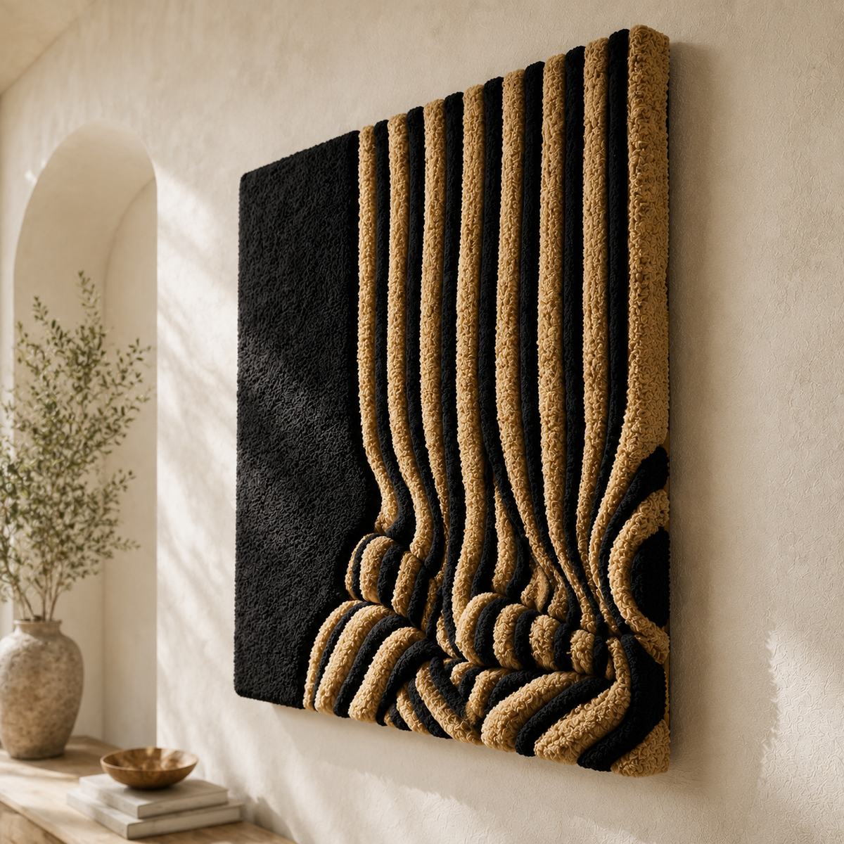 Abstract golden lines wall art by Hewn Earth, modern wall decor with textured gold accents on a neutral background.